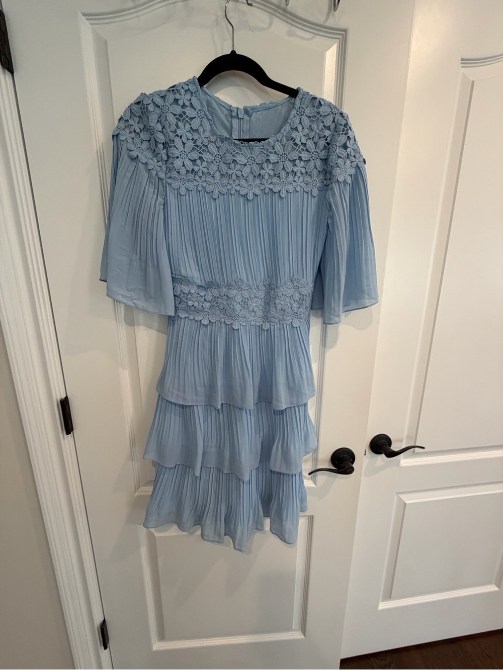 Lulu's Powder Blue Lace Yoke Pleated Tiered Midi Dress